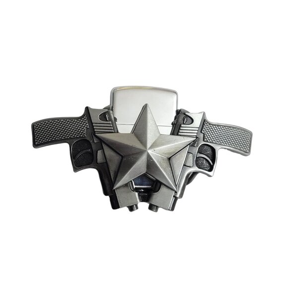 Dual Guns Vintage Silver Metal Lighter Belt Buckle - Free Engraving On Lighter - Picture 2 of 10